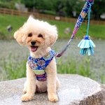 HANABIハーネス（ブルー）リード・タッセル 3点セット 夏ハーネス  犬 猫 パピー 浴衣風