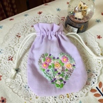 ［再販☆］ガーゼハート型刺繍巾着ポーチ（新色パープル・花畑）＊送料無料＊
