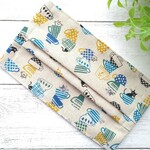 麻混の夏用マスク　ティーカップとネコ柄　1枚　大人用プリーツマスク【定形外送料無料】