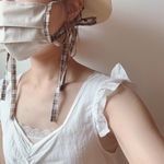 【送料無料】ribbon プリーツマスク　beige×check フィルター止めつき　リボンマスク