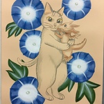A4原画（53）朝顔のドラゴンと猫のイラスト 絵 絵画 アート 手描き イラスト