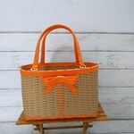 【お試しセールの品】ダブルリボンのクラフトかごバッグ（ＭＳ）クラフト＆ビタミンオレンジ