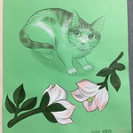 A4原画（56）猫と花のイラスト 絵 絵画 アート 手描き イラスト