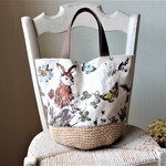 ウサギ＆草花*お絵かきみたい*かごバッグ*麻*クローバー*蝶々