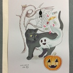 A4原画（61）ハロウィンの黒猫のイラスト 絵 絵画 アート 手描き イラスト