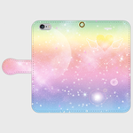 パステル虹色宇宙　かわいい ハートと羽 　手帳型スマホケースiPhone,Android