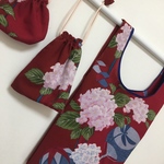 本染浴衣リメイク　紫陽花紅色　ハンドメイドエコバッグ
