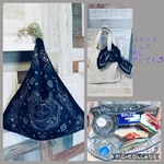 ★再販★＊バンダナエコバッグ＊ネイビー②＊エコバッグ＊大きめコンビニエコバッグ＊洗えるエコバッグ＊バンダナ柄＊食品と雑貨を分けたい時に便利＊正方形＊