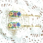 【送料無料】プチポアン プチポワン☆パンジー ビオラ刺繍ヘアピン  2本セット