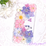 押し花iphoneケース＊Sweet pink&purple＊スマホケース 名入れ可能  ラメ・ホロ・スワロフスキー無料 [受注製作]