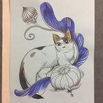 A4原画（70）青い葉と猫のイラスト 絵 絵画 アート 手描き イラスト