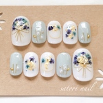 押し花ブルーリボンネイルチップ