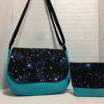 倉敷帆布ショルダーバッグとポーチセット★ターコイズ＆夜空プリント