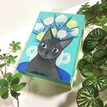 手描き 花瓶と猫の木箱 小物入れ 原画 手書き 猫  絵 絵画 イラスト アート サバトラ
