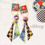 【焦茶金格子・青緑菊海波柄】さんかく和紙&金箔椿和柄タイルの和モダンピアス イヤリング