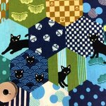 再販【100×50】和柄　黒猫ちゃんパッチワーク柄　生地（ブルー）