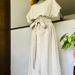 春夏【サイズオーダー可能】定番　生成り　ナチュラル　ハーフリネン　セットアップ　フレンチブラウス＆ロングスカート　リボンおまけ付き