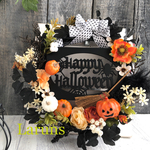 2020秋リース　ブラックハロウィンリース　パンプキンゴースト達と迎える大人のハロウィン黒の羽根つき
