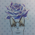 A4原画（82）猫とバラのイラスト 絵 絵画 アート 手描き イラスト