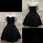 1点物*ハートのビスチェ＆全円サーキュラースカート＆シャーーリングブラウス★黒×オフ白(即納品)