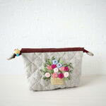 ☆リネンツイルのツインポーチ☆お花の刺繍☆ハンドメイド☆カード☆