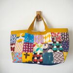 ♪北欧風　四角パッチ　横長　トートBAG　帆布　黄色♪　青　花　