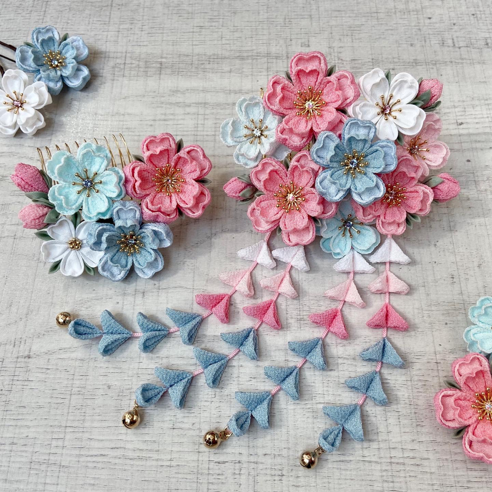 ひなままさま専用 七五三髪飾りセット かのこ＆チンころ⑦はねず色×桜色6-62 ひなままさま専用 七五三髪飾りセット かのこ＆チンころ⑦はねず色×