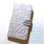 カメリア 可愛い 花柄 オフホワイト/パールホワイト プリント 全機種対応 スマホケース 手帳型ケース オプション ネーム入れ可