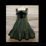 1点物*襟付きジャンパースカート★ダークグリーン×黒レース×薔薇ボタン（即納品）