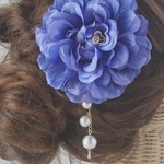 sale☆成人式・振り袖・着物・卒業式・袴☆お花の髪飾り＊ハートビジュー＆コットンパールチャーム付き＊ダリア＊青紫＊２way＊  造花・浴衣・結婚式・