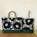 ポピーのモノクロ花柄×グリーンのレッスンバッグとうわぐつ入れ