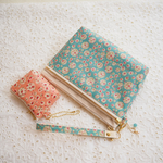 Ｄさまご予約品　LIBERTY　Joanna　ジョアンナ　ターコイズブルー　wファスナー・中布・1＋2分割ポケット・まち付きポーチ＆本革持ち手セット/ジョアンナ　サーモンピンク　miniまちポーチ