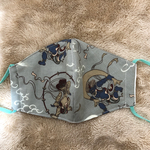 【再販】大人用立体マスク　F48 布マスク  和風　和柄　風神雷神図　グレー　×   チェック　ハンドメイド
