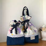 送料無料】マチ付巾着セット☆名前刺繍入り！M・Sサイズセット　鳥たちの巾着　中・小２枚組　バード柄　小物入れ　着替え袋