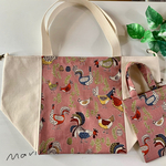 限定1点‼️たたんで収納できるミニバッグ付お買い物エコバッグ＊にわとり柄/スモーキーピンク　キャンパス&ハンプ