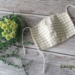 綿麻ギンガムチェックマスク(大人用)生成りｘブラウン※送料無料