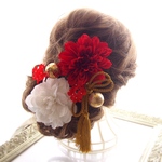 〔定番〕紅白ダリア、鞠、ゴールドタッセルの花嫁和装髪飾り◆成人式や前撮りヘッドドレスに 結婚式