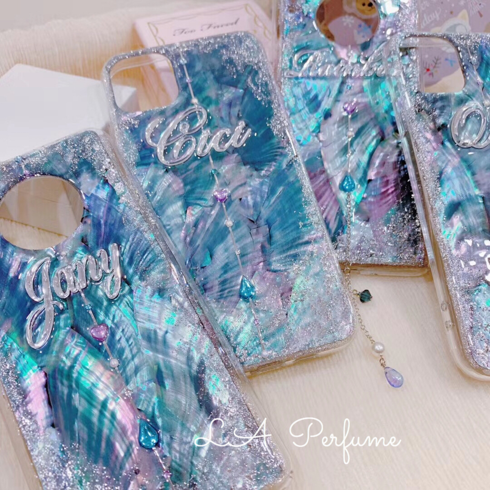 名入れ♡天然シェル キラキララメ✨ドロップハートチャーム グリーン 