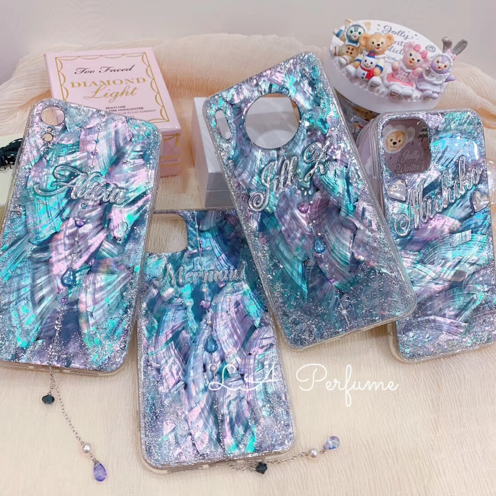 名入れ♡天然シェル キラキララメ✨ドロップハートチャーム グリーン 
