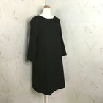 　ノーカラーAラインシンプルワンピース　11号着丈100　ブラックコットン・からみ織りレース・ストライプ