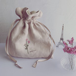 きんちゃく　化粧ポーチ　フランス製リネン　リメイク　ミニバラ刺繍