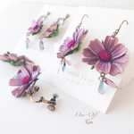 コスモス【アンティークパープル】揺れる革花アクセサリー　ピアス&イヤリング　アレルギー対応