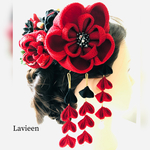 #大きい椿髪飾り #成人式髪飾り ❁⃘*.ﾟ紅花 黒花 椿大ヘアアクセサリー