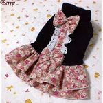 Berry S31☆ 紺色裏起毛にピンク小花コール天２段フリルワンピ