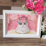 〈原画〉パステルイラスト〈花冠を被ったもふもふ白猫〉フレーム付き　はがきサイズ　ラグドール　ピンク