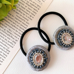■5周年SALE■オーバル＆ビーズ刺繍ヘアゴム（グレー）
