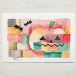 🎃透明水彩画　にじみ絵「オレンジのハロウィン」イラストポストカード２枚セット 秋 かぼちゃ　ハロウィン🎃