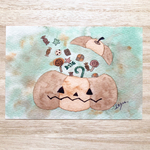 🎃透明水彩画「ベージュのハロウィン」北欧イラストポストカード２枚セット 秋 カボチャ　ハロウィン🎃