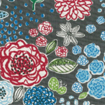 人気作家≪MiyakoKawaguchi≫シリーズGarden story 綿麻キャンバス生地 ( ハーフリネン)【花と鳥】50cm単位　チャコールグレー