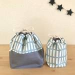【受注製作】北欧風格子柄（ベビーサックス×グレー）お弁当袋＆コップ袋セット